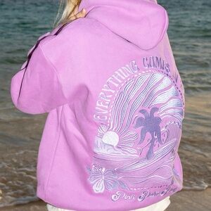 Pink Palm Puff hoodie.